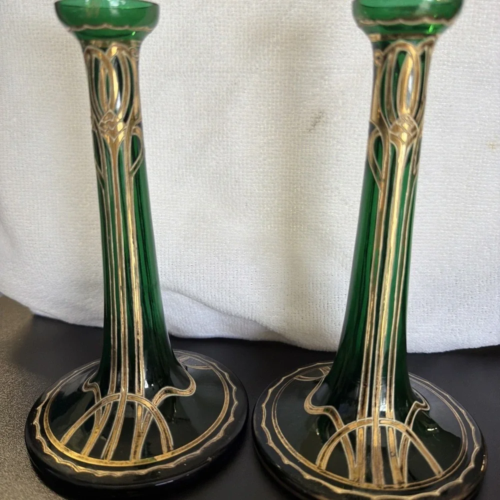 Vtg Art Nouveau Jugendstil Gold Gilded Green Satin Glass Vases 2 Ea Circa 1900s‎